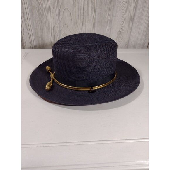 Vtg Stratton Hat Size 7 Deputy Uniform F42 Chicago USA Blue Gold Straw - Picture 14 of 16